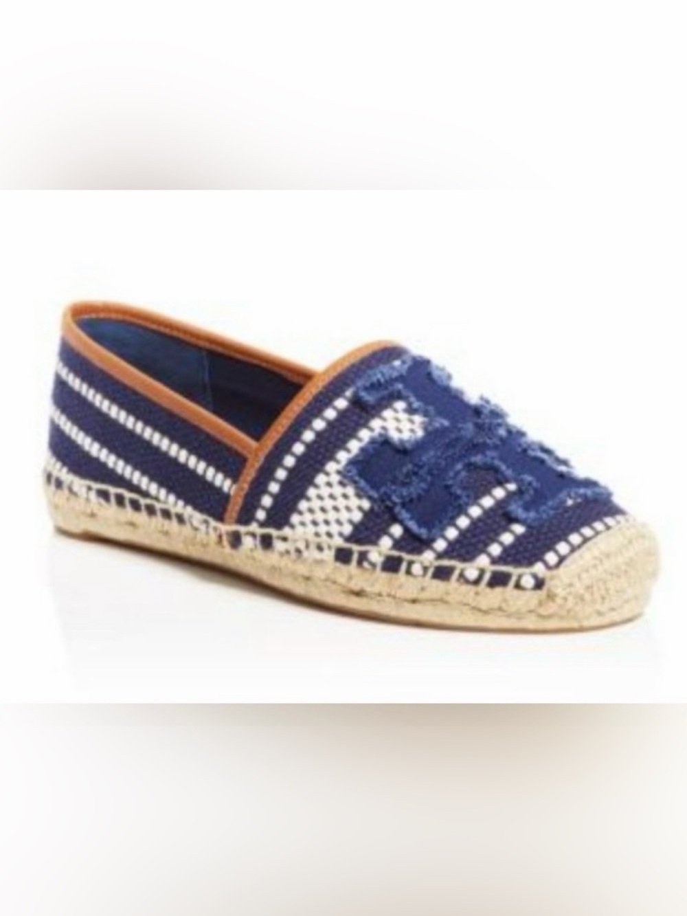 Tory Burch SHAW Navy and White Striped Espadrille with Tan Trim Flat Size 8
